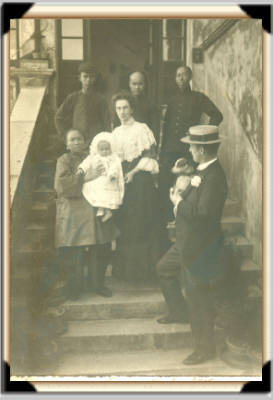 TKD, AMD, Margaret Mary, with Amah, Cook, laundry man and gardener. 1908